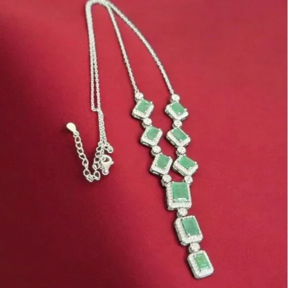925 Sterling Silver Necklace 18 with Natural Emerald Gem & Cz